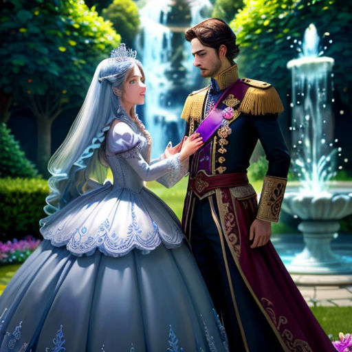 a man and woman dressed in wedding attire standing next to a fountain in a garden with flowers and a fountain