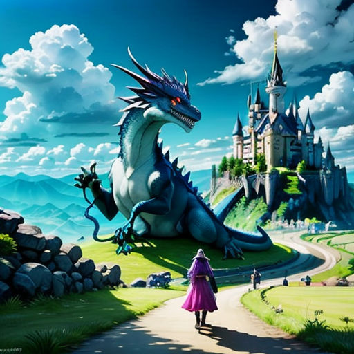 a woman walking down a road towards a dragon castle in the sky with a castle in the background and a woman in a purple dress