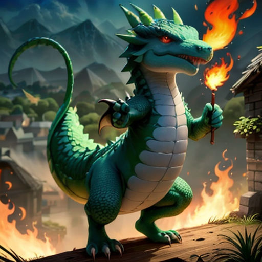 a green dragon holding a fire stick in its hand and a house in the background with mountains and houses in the background