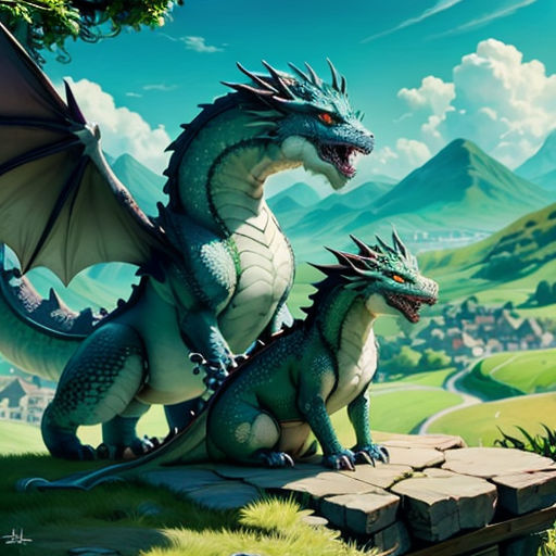 a couple of dragon standing on top of a lush green field next to a forest and a mountain range