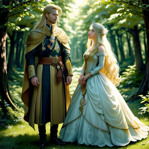 a man and woman dressed in medieval costumes standing in the woods together, looking at each other, with trees in the background