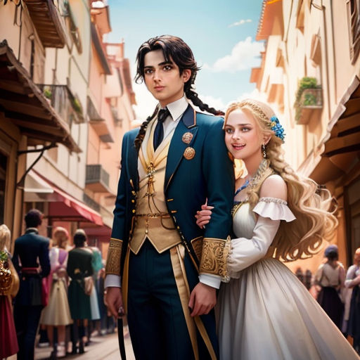 a man and a woman dressed in renaissance clothing standing in a street with people in the background in a movie poster