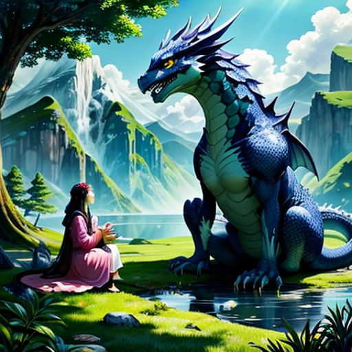 a woman sitting next to a dragon near a lake and mountains with a mountain range in the background and a lake in the foreground