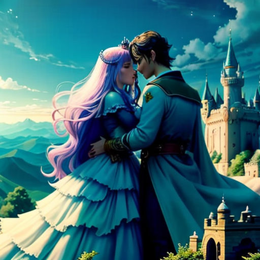 a couple in a blue dress standing next to each other in front of a castle with a sky background