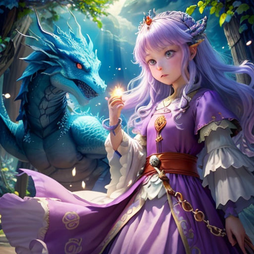 a girl in a purple dress holding a lit candle next to a dragon in a forest with trees and leaves
