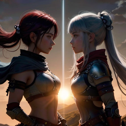 two women in armor standing next to each other in front of a sunset and a sky background with a beam