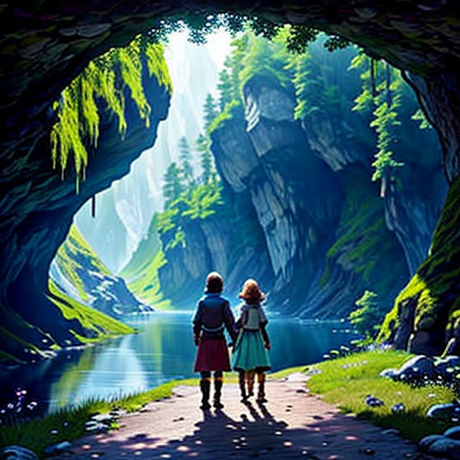 two people walking through a tunnel with a lake in the background and a forest in the foreground, with a mountain in the background