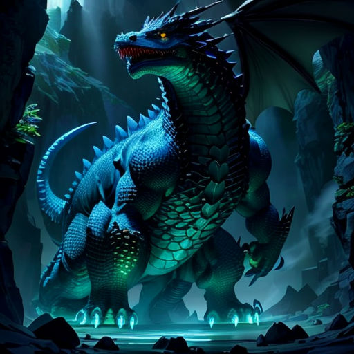 a blue dragon with glowing eyes and a black tail standing in a cave with rocks and water in the background