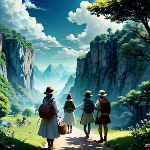 three people walking down a road with backpacks on their backs and a mountain in the background with clouds