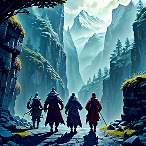 a group of people walking down a road next to mountains and trees in a forest with a sky background
