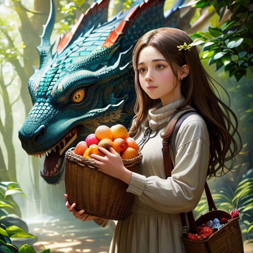 a woman holding a basket of fruit next to a dragon statue in a forest with trees and bushes behind her
