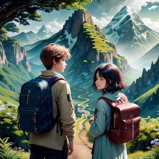 a boy and a girl looking at a mountain landscape with a path leading to them and a mountain range in the distance