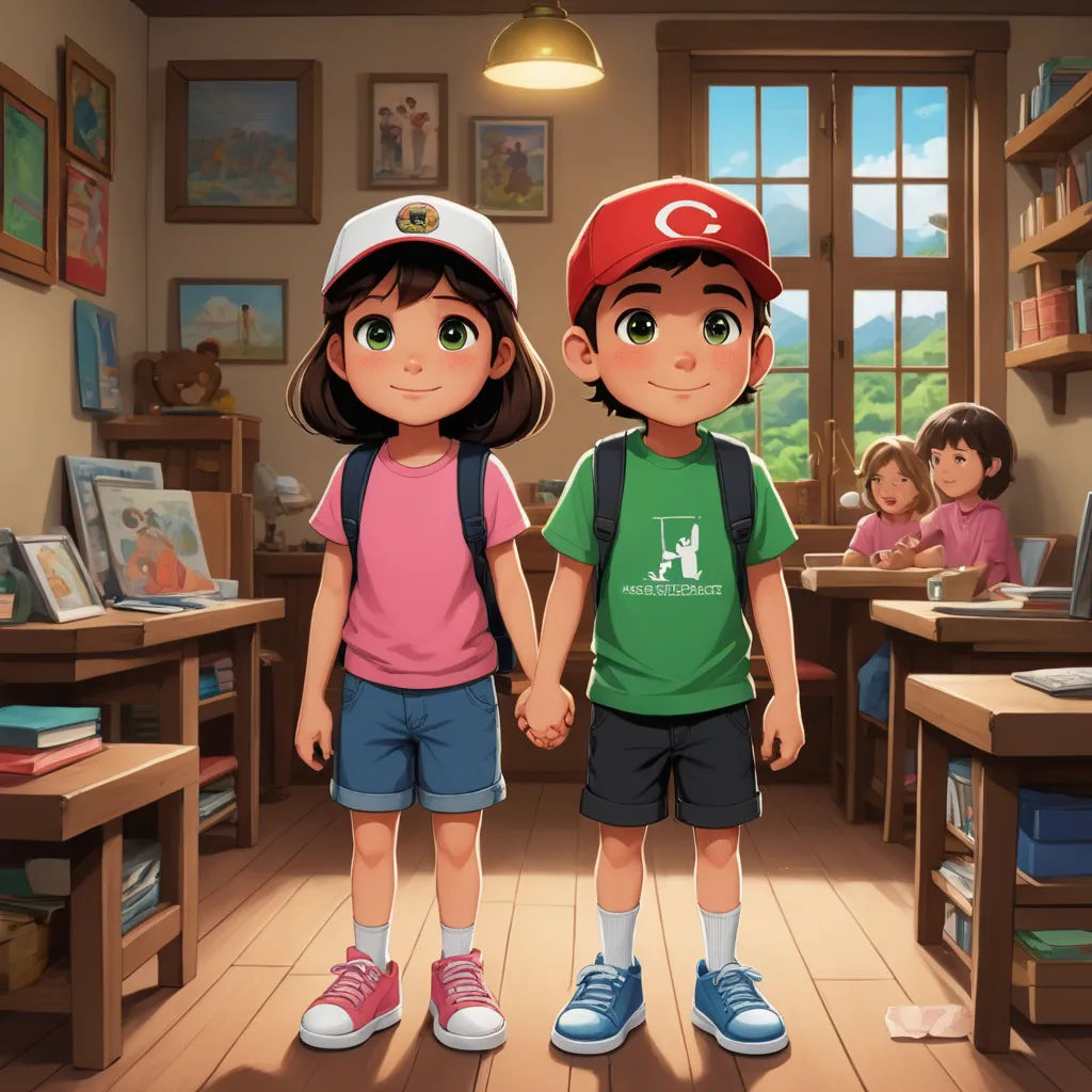 a boy and a girl are standing in a classroom holding hands and smiling at the camera, with a boy in a red cap and green shirt and a pink shirt, paris school, a storybook illustration, Chris LaBrooy, official art