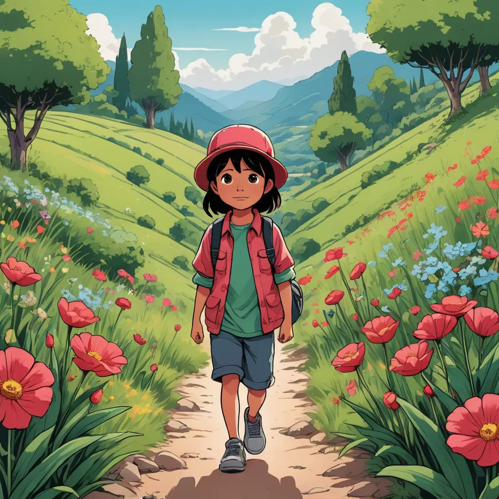a cartoon girl walking down a path in a field of flowers and trees with a red hat on her head, color field, a storybook illustration, Cliff Childs, ghibli