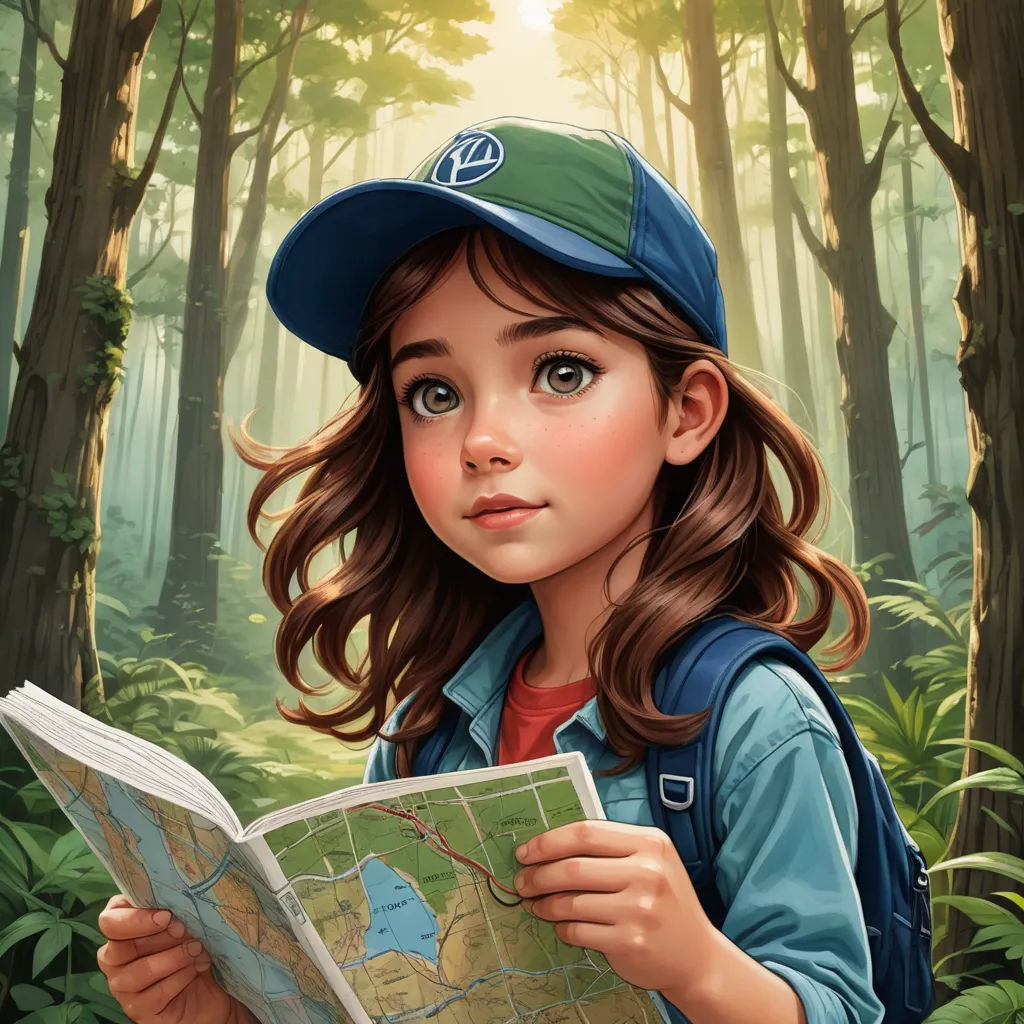 a painting of a girl reading a map in the woods with a forest background and sun shining through the trees, photorealism, a detailed painting, Artgerm, highly detailed digital painting