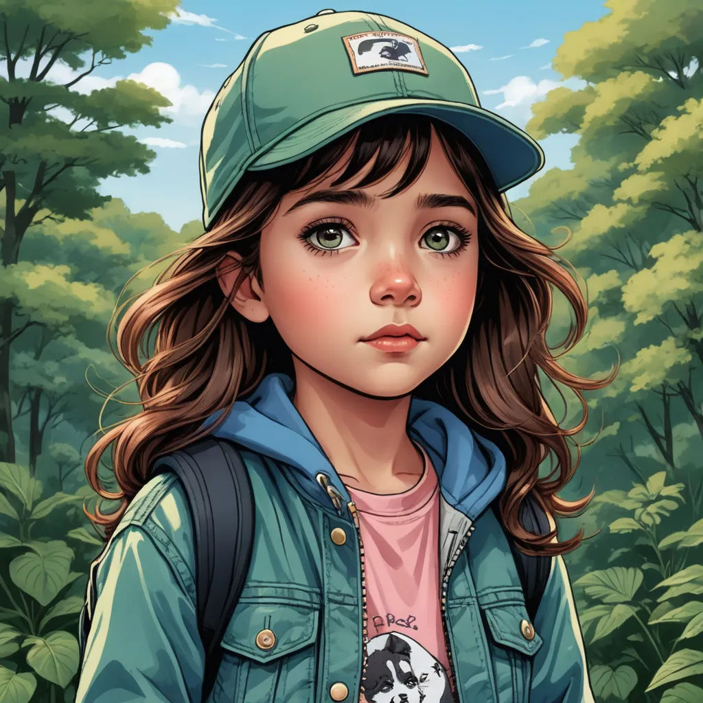 a girl with a hat and a backpack in a forest with trees and bushes behind her is looking at the camera, photorealism, a character portrait, Artgerm, stanley artgerm lau