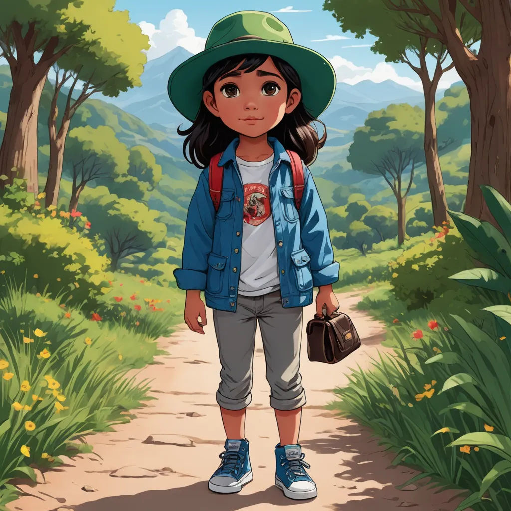 a young girl in a hat and jacket standing on a path in a forest with a bag and purse, environmental art, a character portrait, Ada Hill Walker, key art