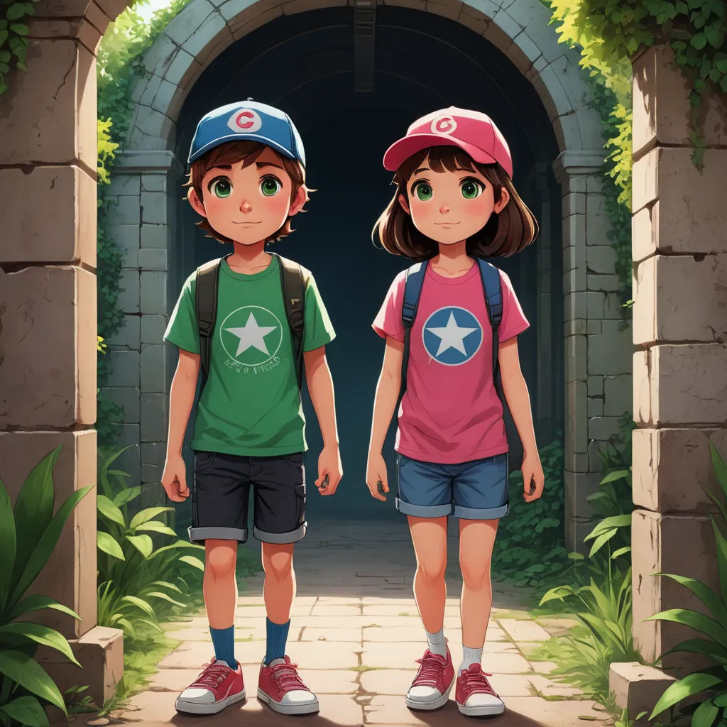 a couple of kids standing in front of a tunnel with a star on the shirt and a backpack on, sots art, a storybook illustration, Diego Gisbert Llorens, rossdraws global illumination