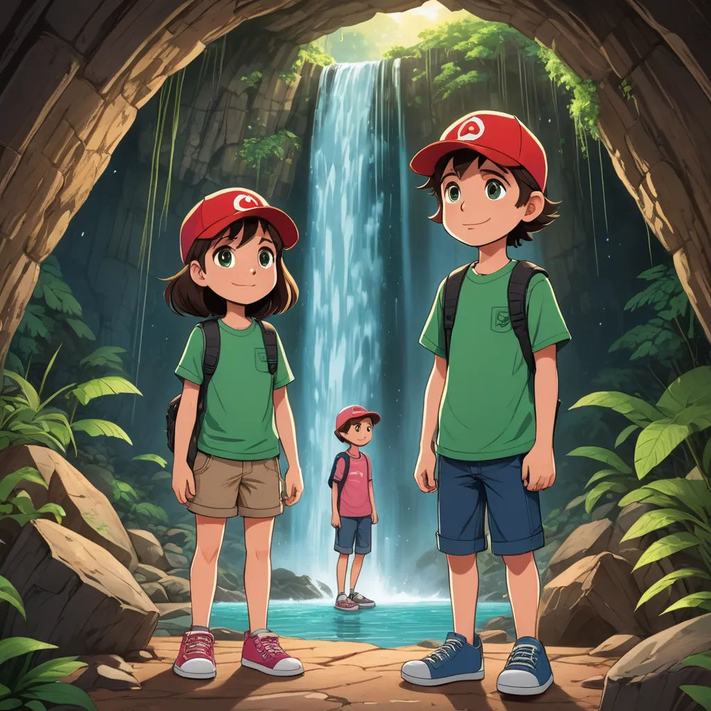 a couple of kids standing in front of a waterfall with a backpack on their shoulders and a backpack on their shoulder, rayonism, concept art, Cliff Childs, official art