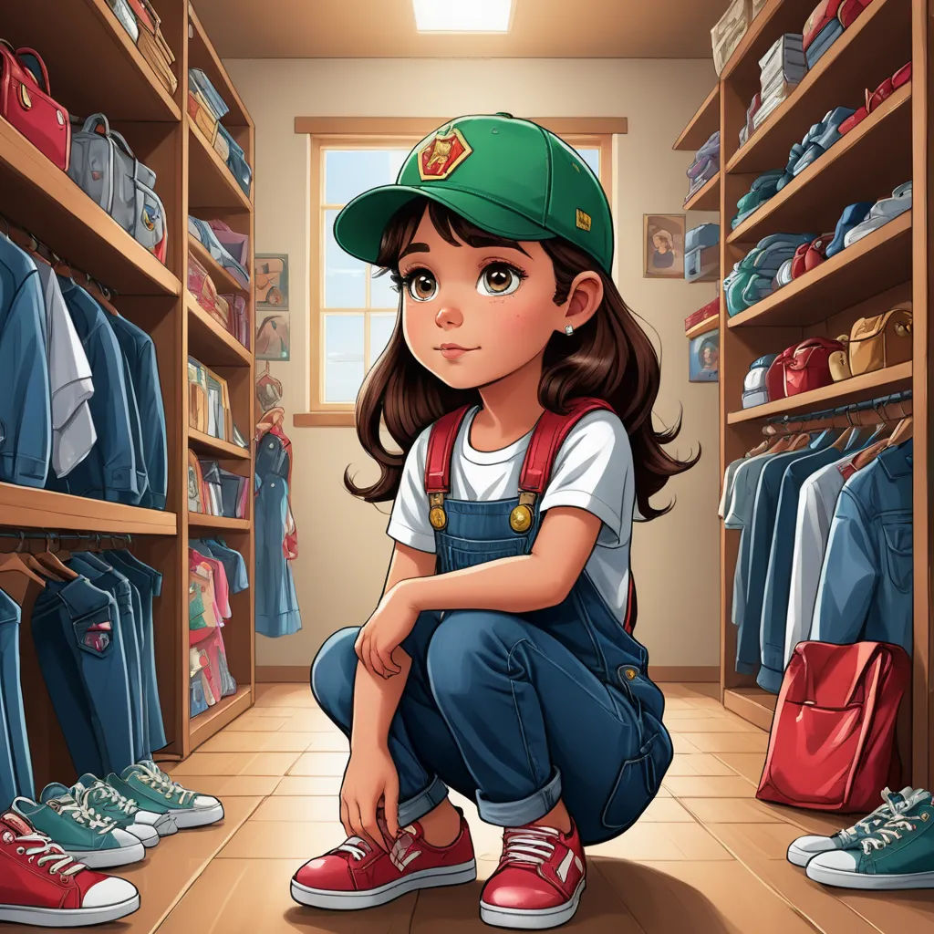 a girl in a hat is sitting in a store with a lot of clothes on shelves and a bag, lyco art, a storybook illustration, Artgerm, highly detailed digital painting