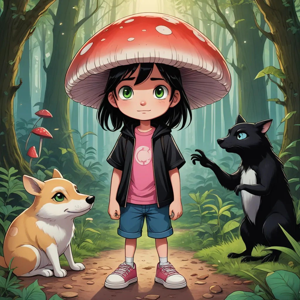 a girl standing next to a dog and a mushroom on a forest floor with a cat and a dog, fantasy art, a storybook illustration, Alice Prin, key art