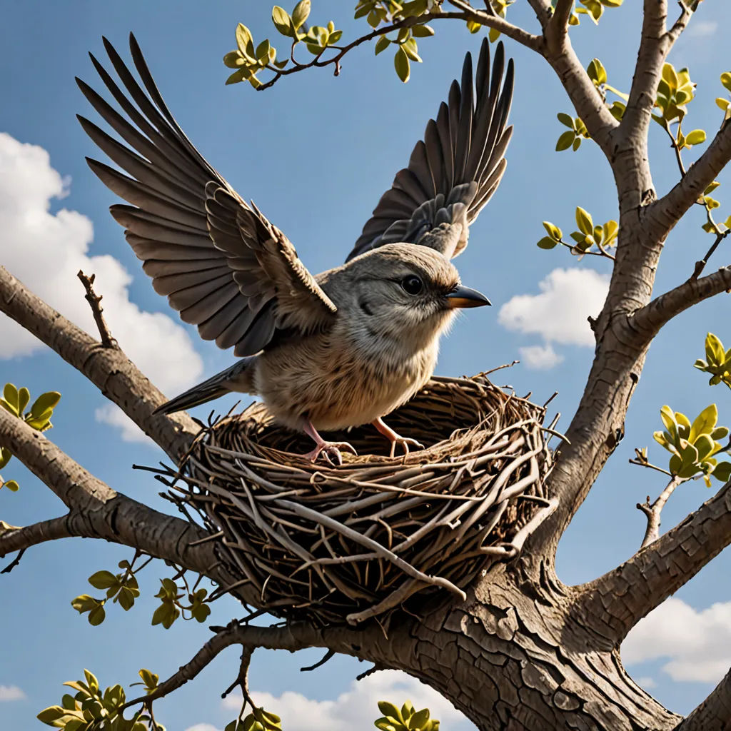 a bird is sitting in a nest on a tree branch with its wings spread out and it's wings spread wide, ecological art, a digital rendering, Darrell Riche, birds