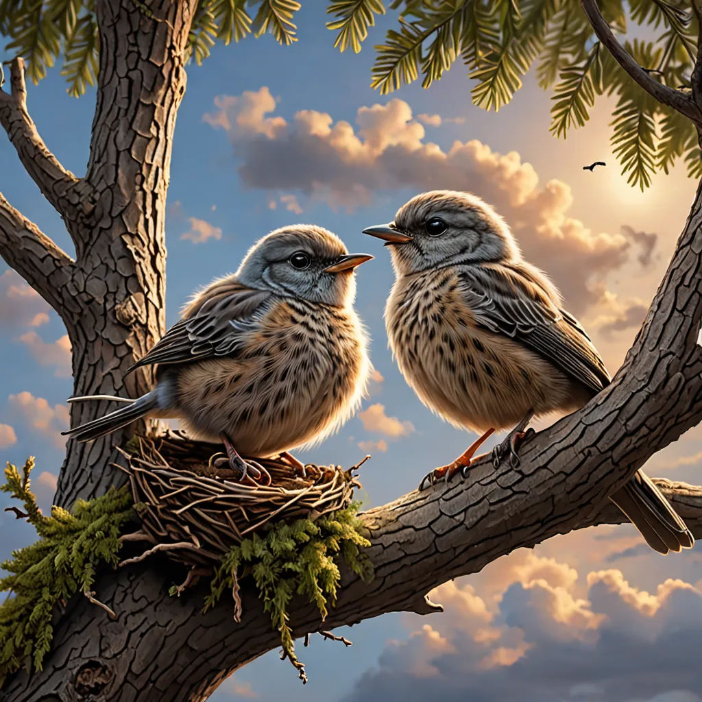 two birds sitting on a branch of a tree with a nest in it's beaks, with a sunset in the background, magic realism, a photorealistic painting, Chris LaBrooy, highly detailed digital painting