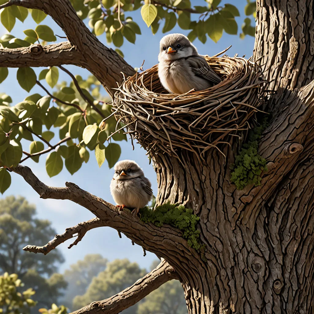 two birds are sitting in a nest on a tree branch in a park setting with trees in the background, photorealism, a detailed matte painting, Chris LaBrooy, unreal engine render