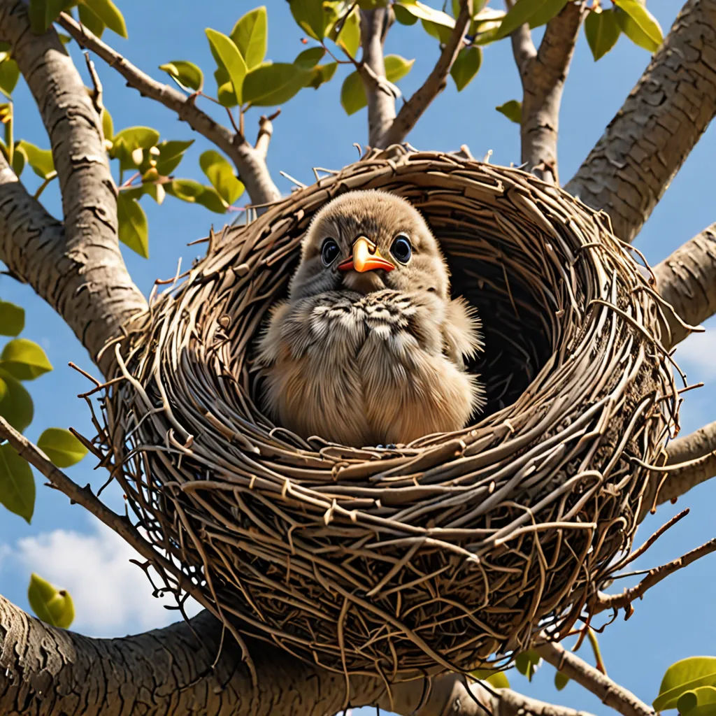 a bird is sitting in a nest on a tree branch with leaves and a blue sky in the background, massurrealism, a stock photo, Bernd Fasching, birds