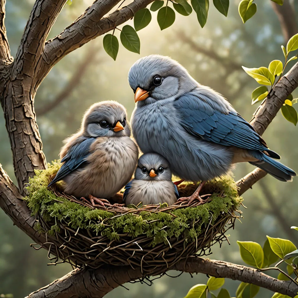 a painting of a bird nest with three baby birds in it's nest on a tree branch with green leaves, photorealism, a digital painting, Chris LaBrooy, highly detailed digital painting