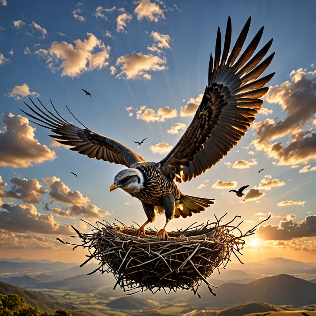 a bird is flying over a nest with a bird on it's back and it's wings spread wide open, art photography, a detailed matte painting, Bernd Fasching, wildlife photography