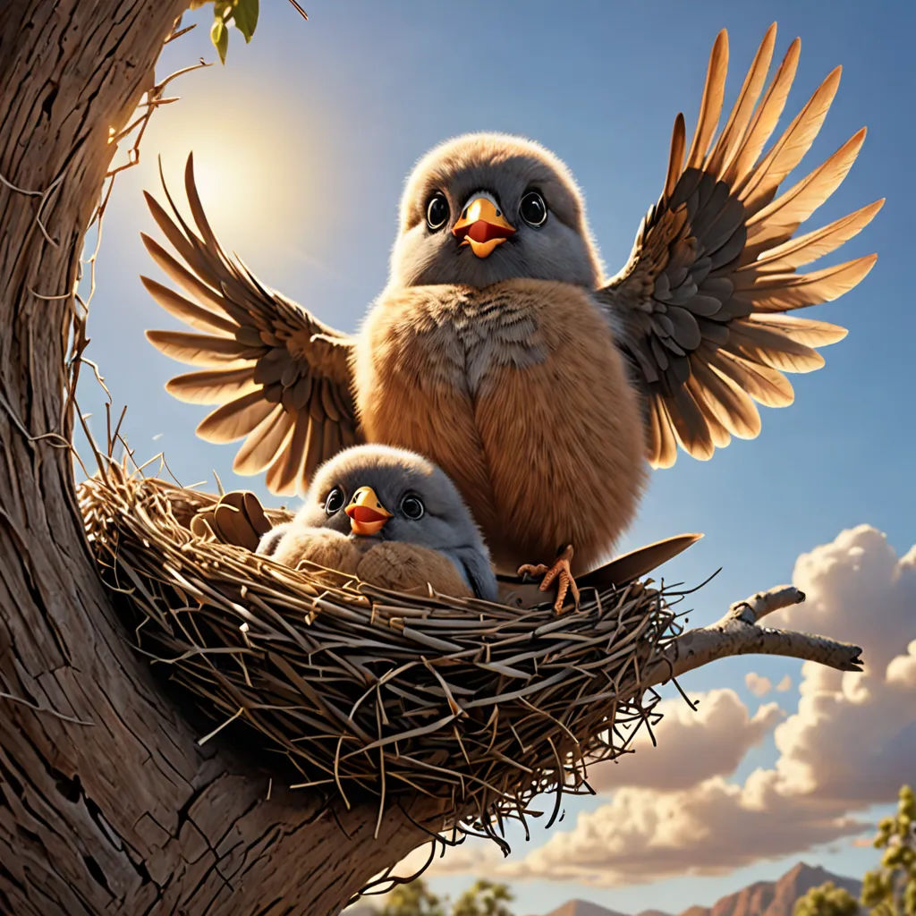 a bird nest with two baby birds sitting in it's nest on a tree branch with the sun shining through the clouds, photorealism, a photorealistic painting, Chris LaBrooy, highly detailed digital painting