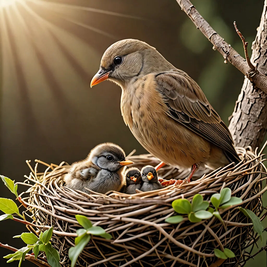 a bird and her babies in a nest on a tree branch with the sun shining through the branches behind them, art photography, a storybook illustration, Bernd Fasching, birds