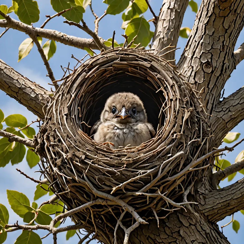 a bird is sitting in a nest in a tree branch with leaves on it's branches and a blue sky in the background, environmental art, a photocopy, Bernd Fasching, wildlife photography