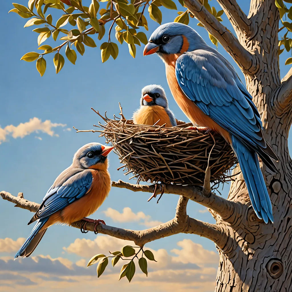 three birds are sitting in a nest on a tree branch with leaves and branches around them, with a blue sky in the background, american scene painting, an ultrafine detailed painting, Brothers Hildebrandt, highly detailed digital painting