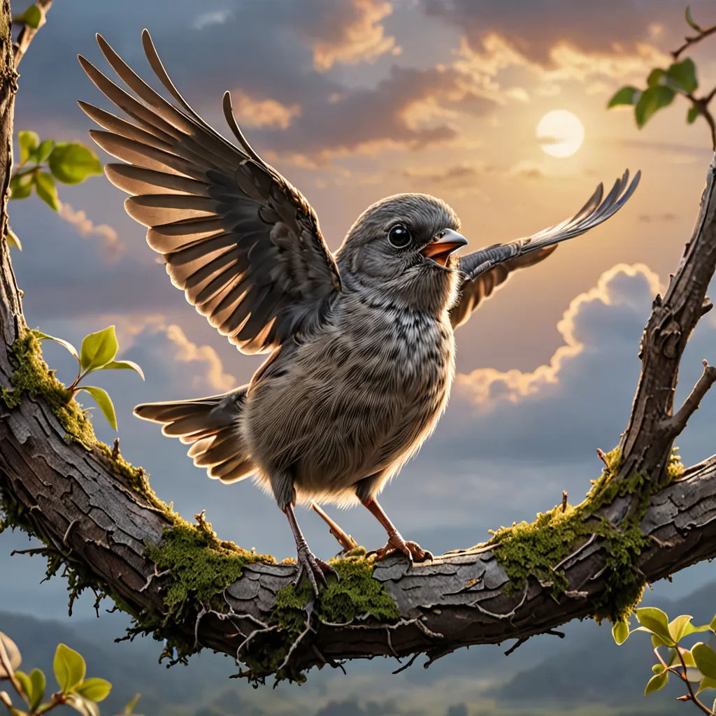 a bird with its wings spread sitting on a branch with a sunset in the background and clouds in the sky, photorealism, a digital painting, Chris LaBrooy, highly detailed digital painting