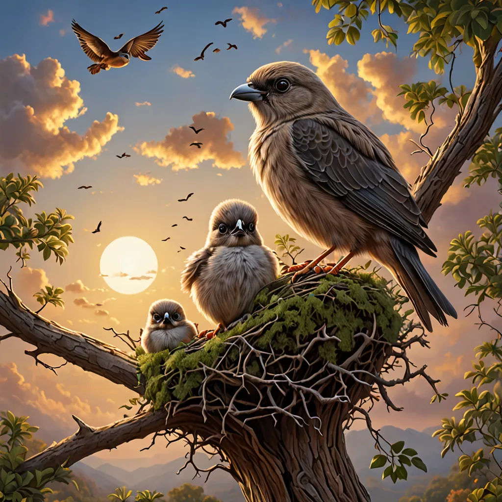 a painting of a bird and two babies in a nest on a tree branch with a sunset in the background, fantasy art, an airbrush painting, Dan Mumford, highly detailed digital painting