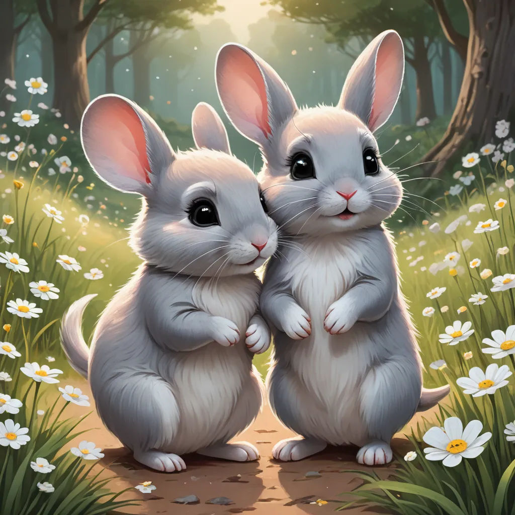two rabbits are sitting in the grass near a forest with daisies and daisies on the ground, one of which is facing the other, furry art, a detailed painting, Aaron Jasinski, rossdraws global illumination