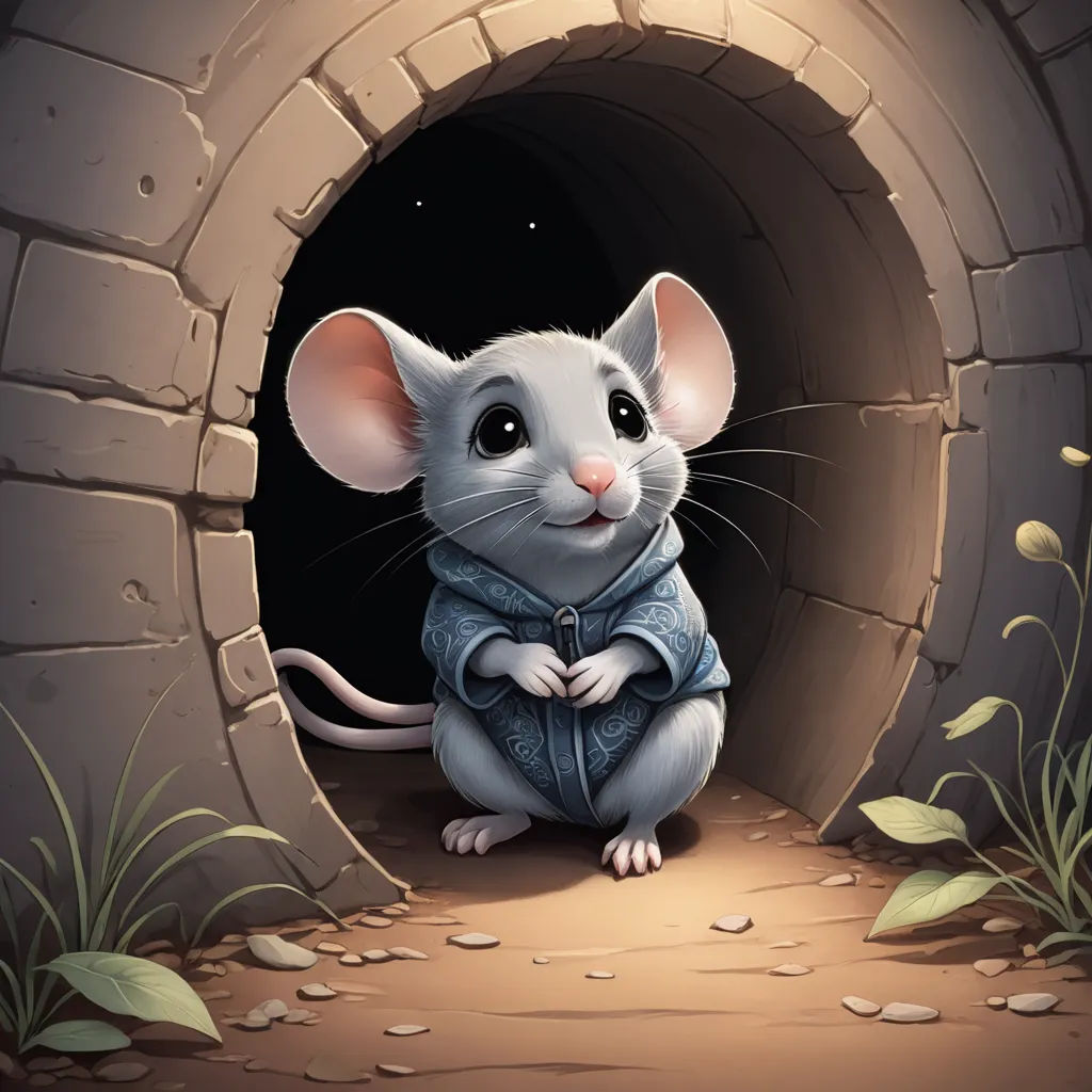 a mouse sitting in a tunnel with a light shining on it's face and eyes, with a plant growing out of the tunnel, sots art, a storybook illustration, Cyril Rolando, trending on art station