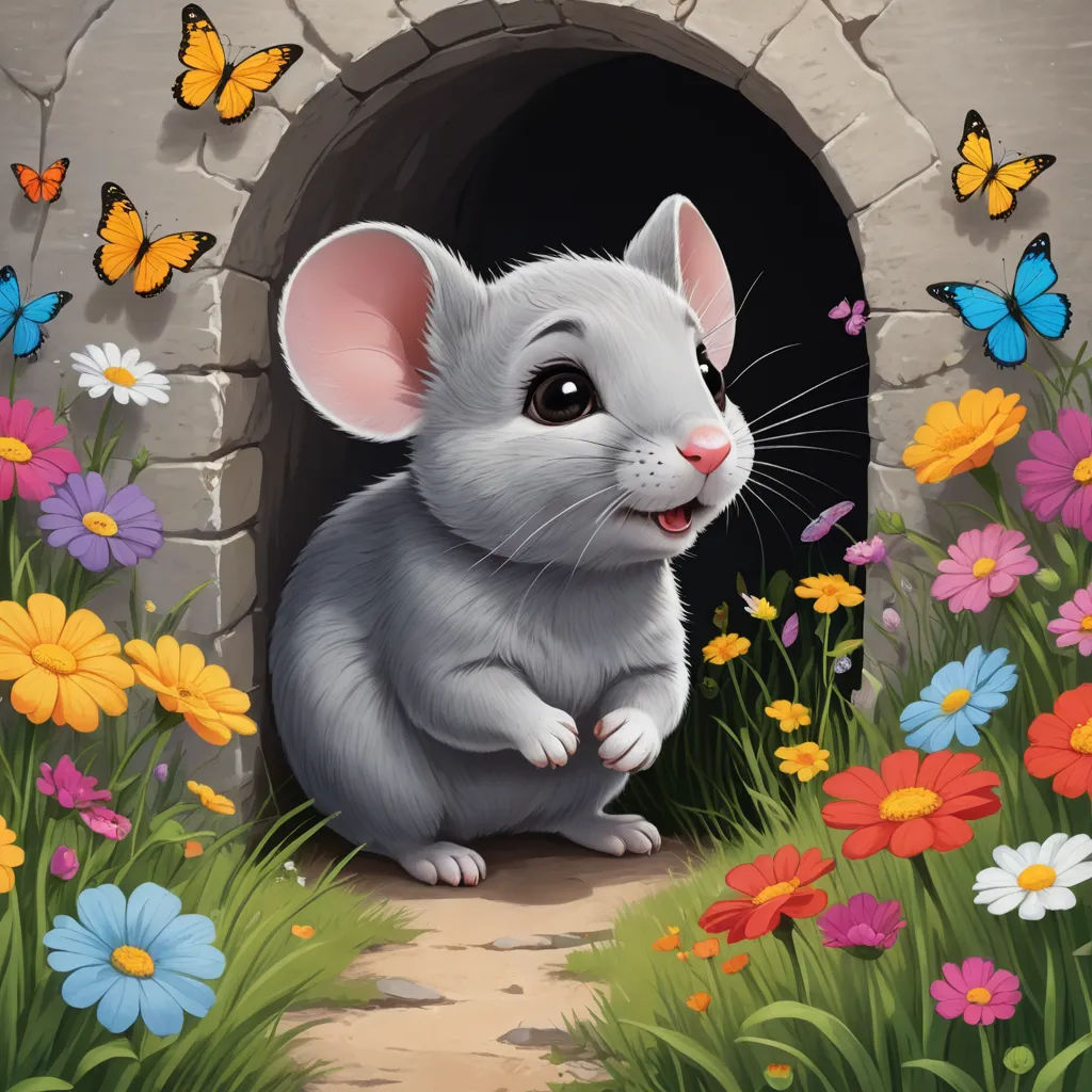 a mouse sitting in a tunnel surrounded by flowers and butterflies with a butterfly on the side of the tunnel, fantasy art, a storybook illustration, Dave Melvin, magic the gathering artwork