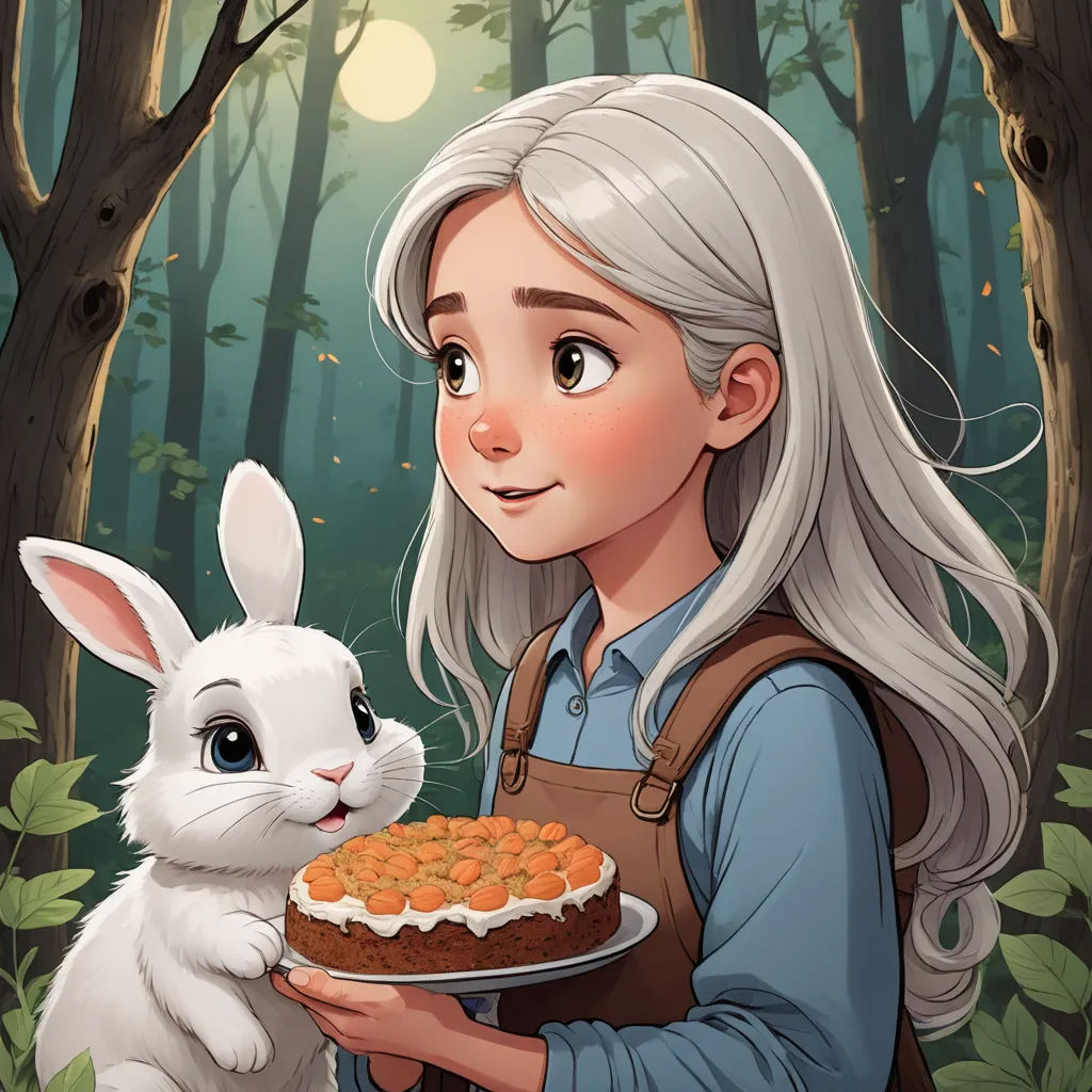 a woman holding a cake with a rabbit beside her in a forest with trees and leaves on the ground, fantasy art, a storybook illustration, Cliff Childs, deviantart artstation