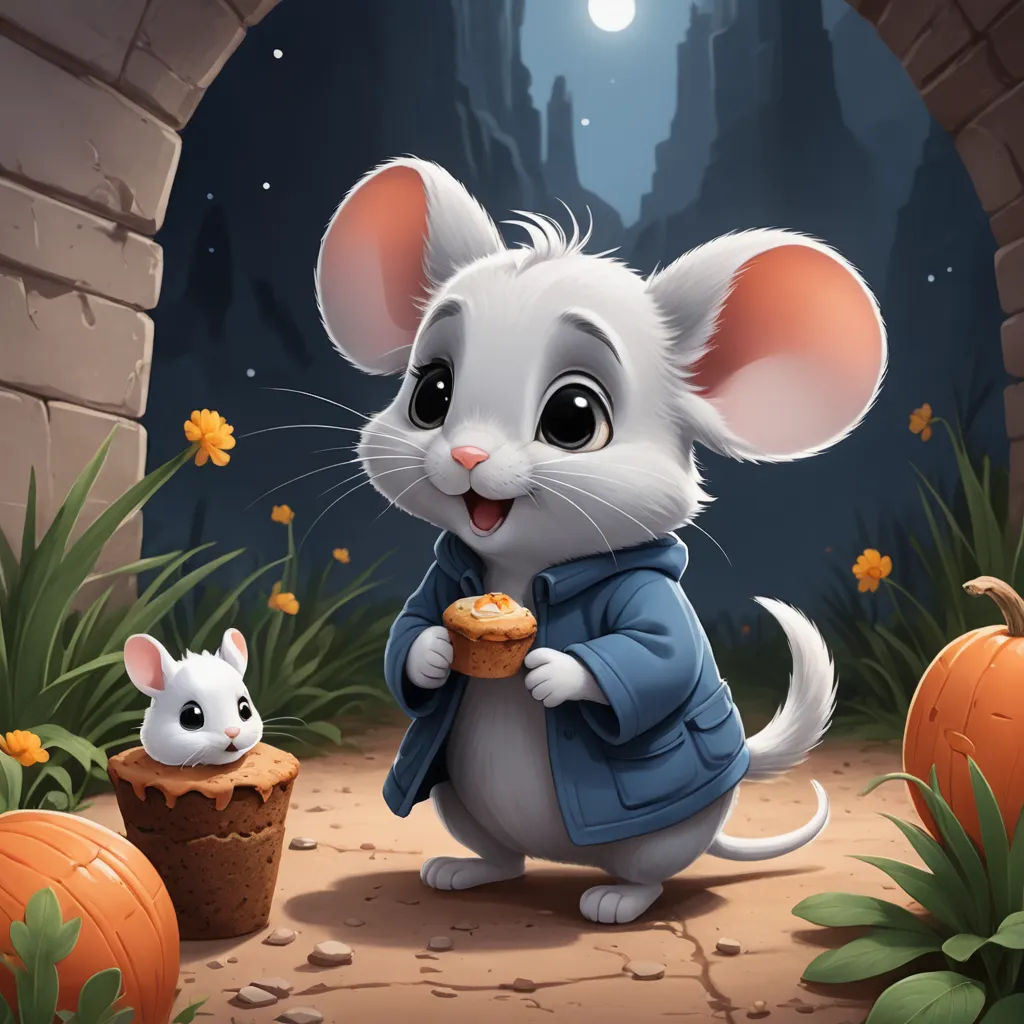 a cartoon mouse holding a cookie in a pumpkin patch with a mouse nearby in a pumpkin patch with a full moon, sots art, a storybook illustration, Cliff Childs, trending on art station