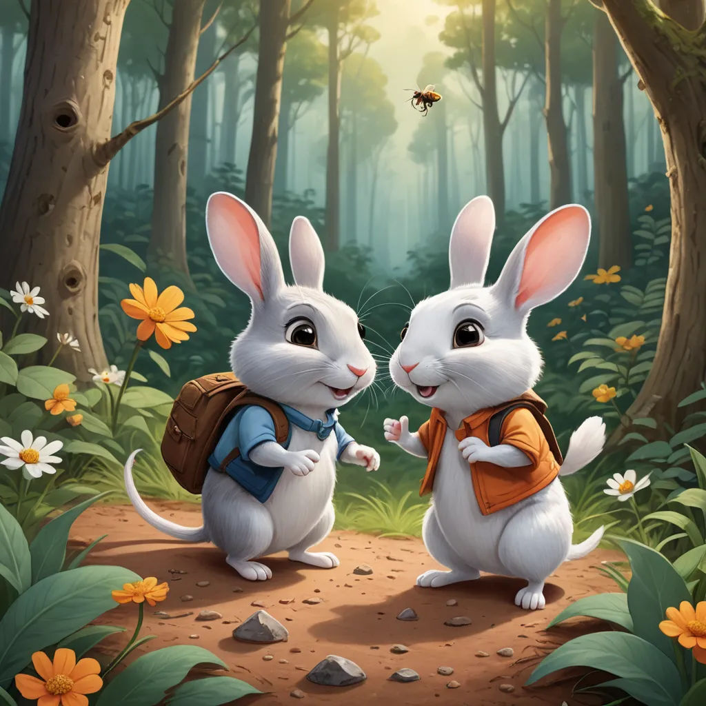two rabbits are standing in the woods with a bee flying overhead and a bee hovering above them, with a forest background, furry art, a storybook illustration, Beatrix Potter, rossdraws global illumination