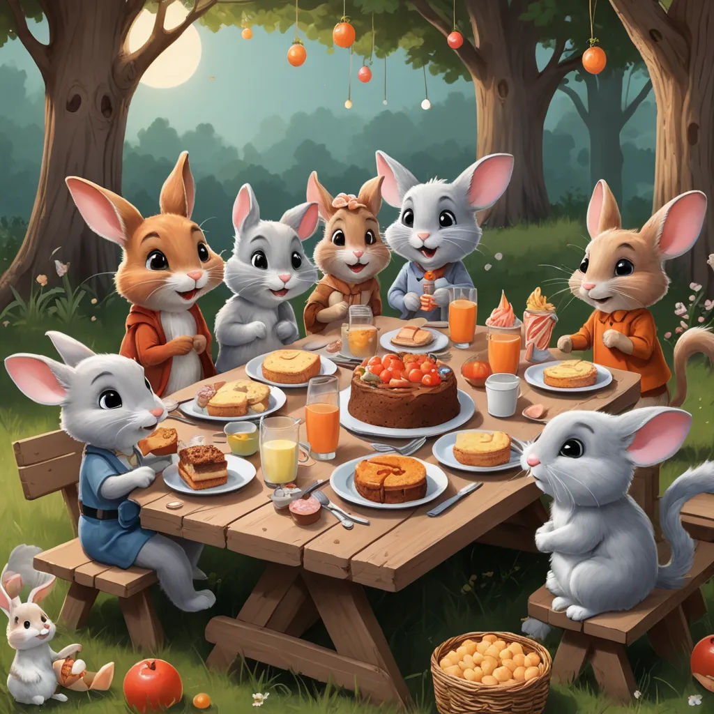 a group of rabbits sitting around a table eating food and drinking orange juice and juicer on the table, furry art, a storybook illustration, Beatrix Potter, trending on art station