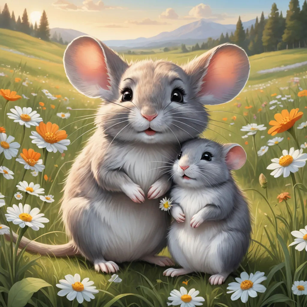 a painting of two mice sitting in a field of daisies and daisies with a mountain in the background, furry art, a storybook illustration, Brian and Wendy Froud, official art
