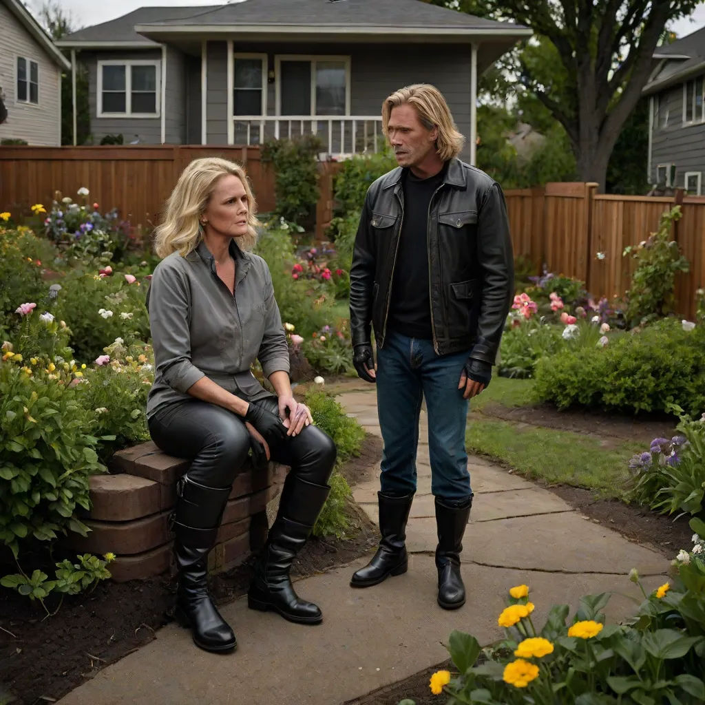 a man and a woman are standing in a garden with flowers and a house in the background with a fence, a stock photo, Dennis Flanders, international gothic, promotional image