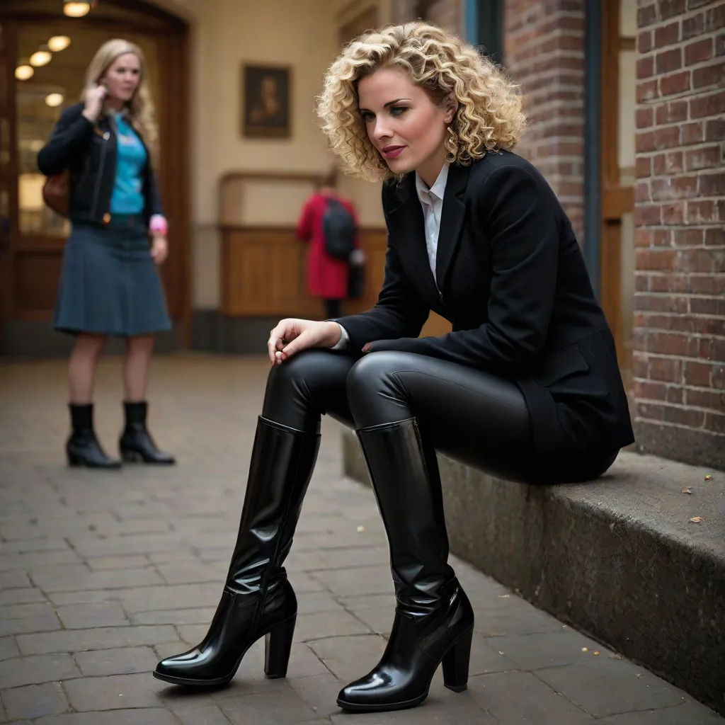 a woman in black boots sitting on a ledge next to a brick building and a woman in a blue dress, a flemish Baroque, Anna Maria Barbara Abesch, de stijl, promotional image