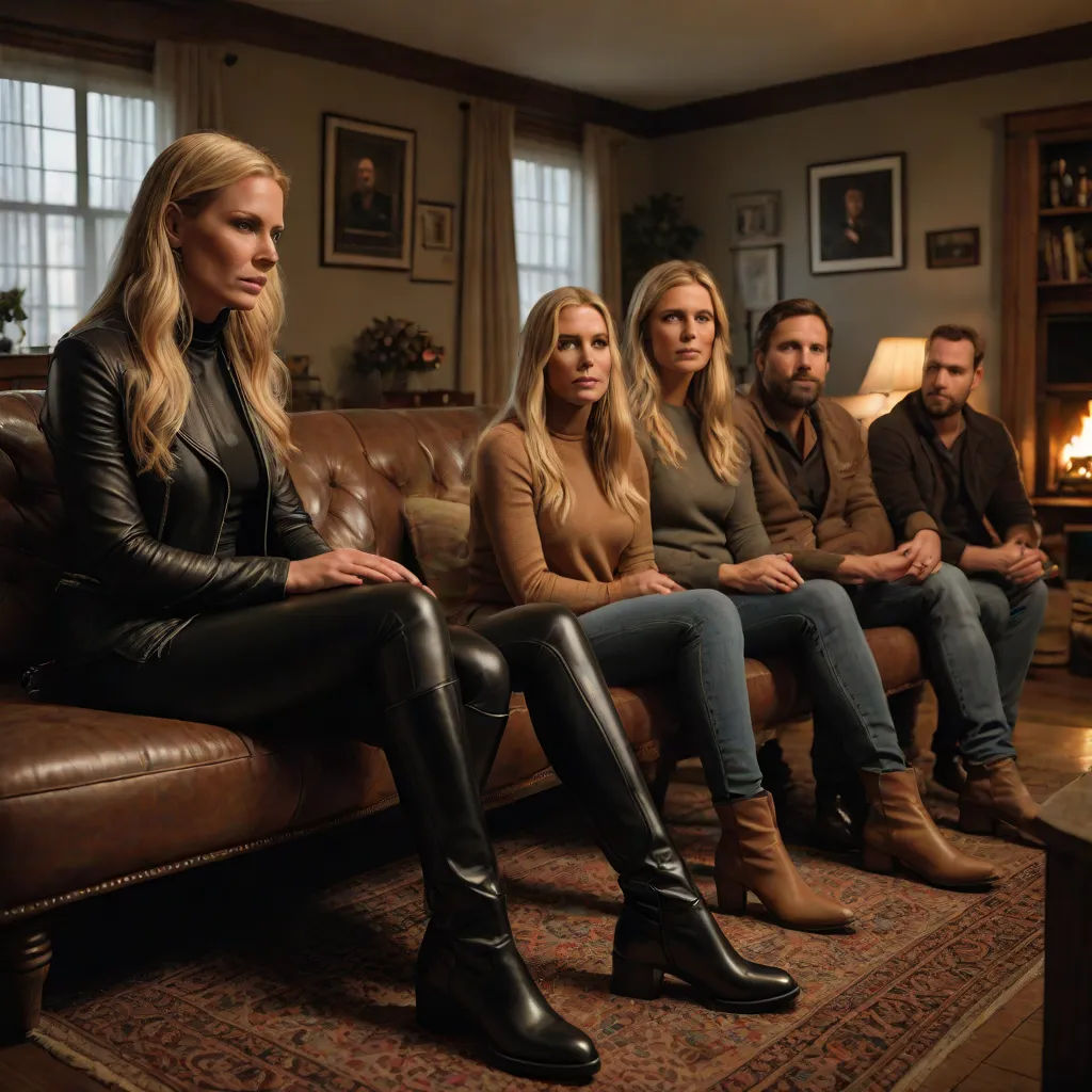 a group of people sitting on a couch in a living room next to a fire place and a fireplace, a renaissance painting, Erlund Hudson, antipodeans, promotional image