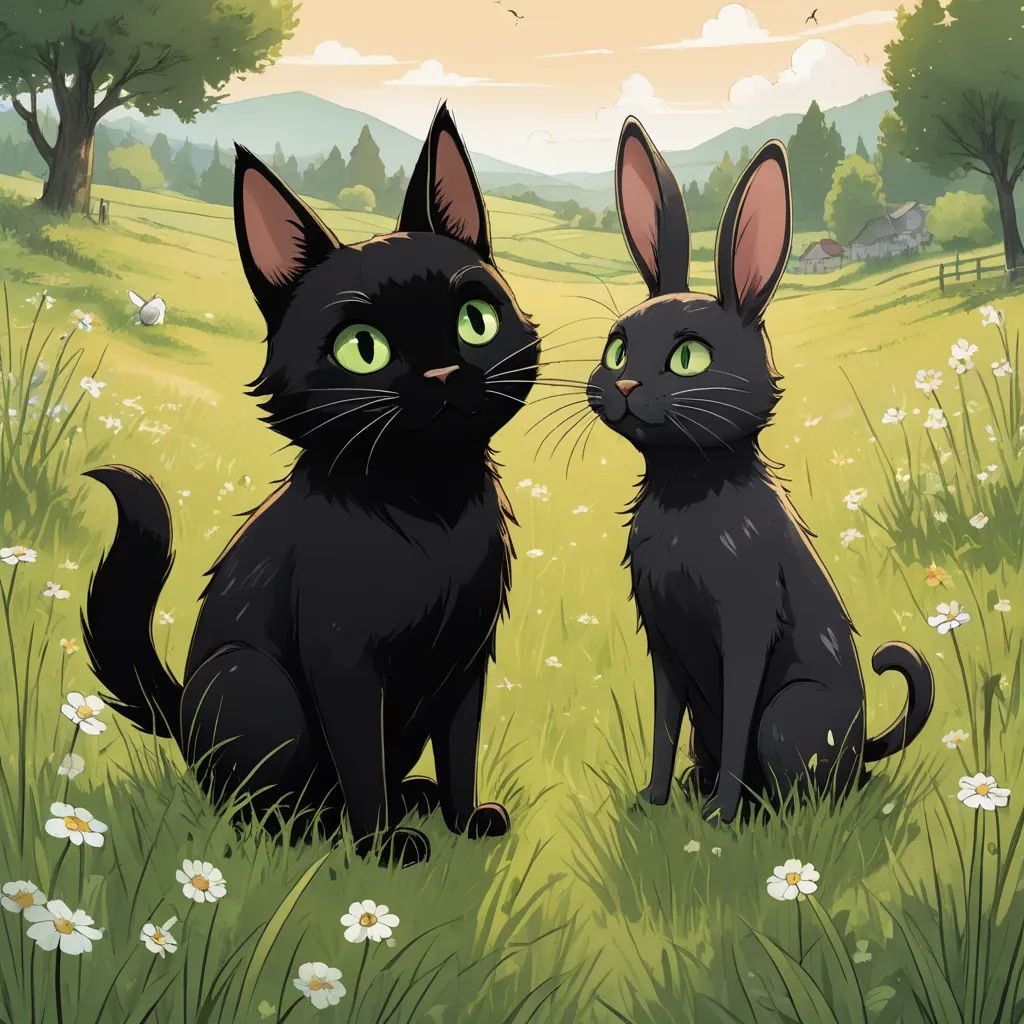 a couple of cats sitting on top of a lush green field of grass and flowers in front of a forest, sots art, a storybook illustration, Anne Said, official art