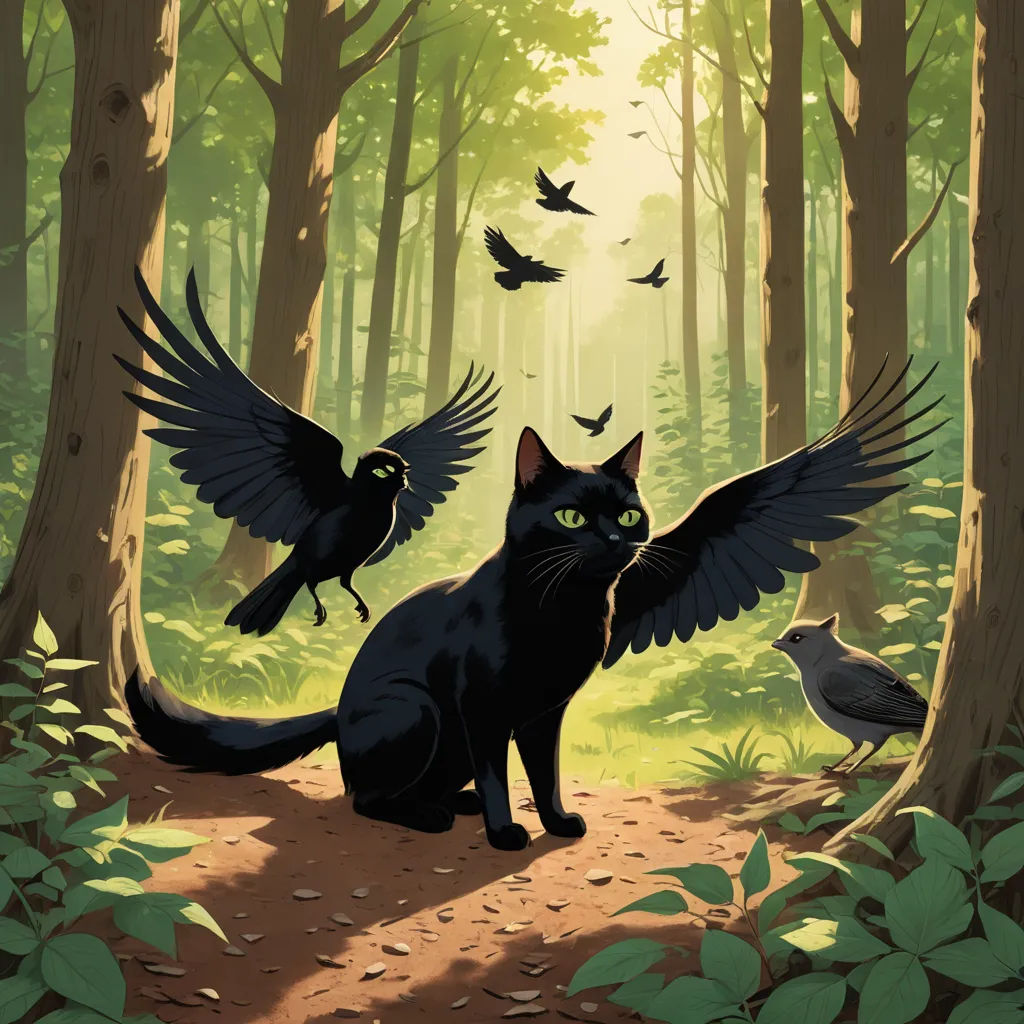 a black cat with wings spread out in a forest with birds flying around it and a bird on the ground, fantasy art, a storybook illustration, Dirk Crabeth, official art
